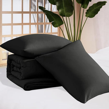WRENSONGE Queen Comforter Set - 3 Pieces Prewashed Black Comforter Soft Lightweight for All Seasons,Fluffy Down Alternative Comforter Queen Size with 2 Pillow Shams