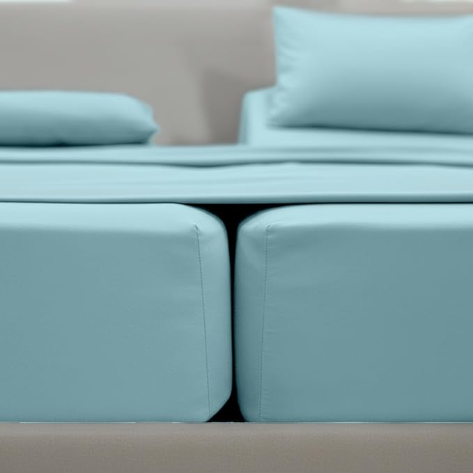 Elegant Comfort Luxurious 1500 Premium Hotel Quality Microfiber Three Line Embroidered Softest 5-Piece Bed Sheet Set, Wrinkle and Fade Resistant, Split King, Aqua