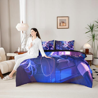 Anime Girl Comforter Set With Sheets Queen Size Japanese Anime 7 Piece Bedding Set For Kids Boys Teens Women Bedroom Decor, Cartoon Girl Bed In A Bag Japanese Animation Kawaii Bed Sets, Purple