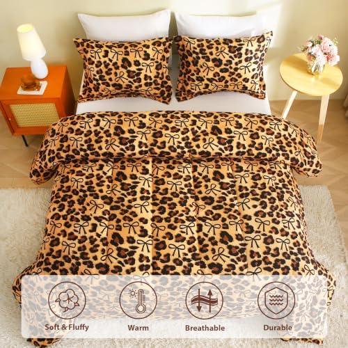 Mooreeke Twin Size Comforter Sets, Leopard Print and Bow Tie Patterned Bedding for All Seasons, 2-Piece Vintage Bed in a Bag with Fluffy Quilted Reversible Comforter & Pillow Sham