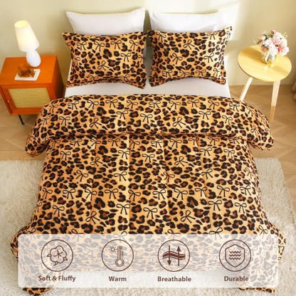 Mooreeke Twin Size Comforter Sets, Leopard Print and Bow Tie Patterned Bedding for All Seasons, 2-Piece Vintage Bed in a Bag with Fluffy Quilted Reversible Comforter & Pillow Sham