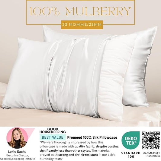 PROMEED 100% Mulberry Silk Pillowcase White with Zipper, Natural 23 Momme Silk Pillow Case for Sensitive Skin, Soft Anti Acne Pillowcase (Standard 20"x26", White)