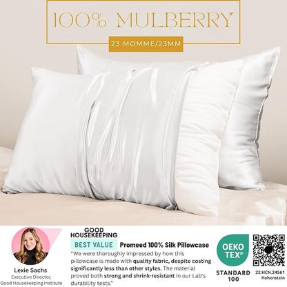 PROMEED 23 Momme White Silk Pillowcase for Hair and Skin, 100% Natural Mulberry Silk Pillow Case for Sensitive Skin, Breathable and Soft Acne Pillowcase (Queen 20"x30", White)