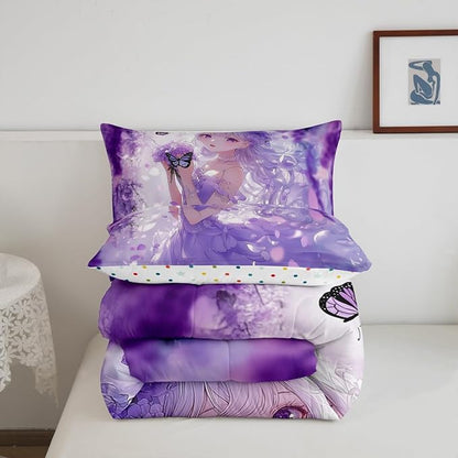 Erosebridal Cute Kawaii Anime Girl Bedding Set Japanese Style Anime Kids Down Comforter Cartoon Print Queen Comforter Set Purple Romantic Flower Butterfly Bed Set 2 Pillow Cases