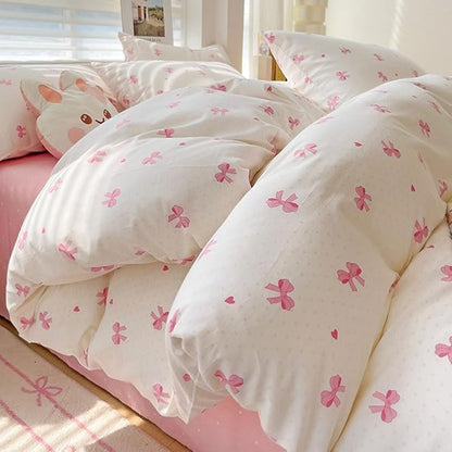 Nayoroom Pink Bow Duvet Cover Twin Size Heart Bows Printed Coquette Bedding Set 2 Pcs Kids Girls Cute Comforter Cover with Zipper Closure Soft Breathable Microfiber