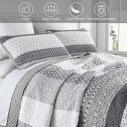 WONGS BEDDING Grey Queen Size Quilt Set, Boho Striped Bedspread