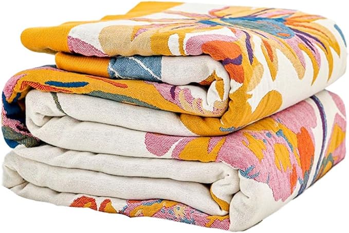 Boho Throw Blanket, 100% Cotton Ultra Soft Luxury Throw Rustic Quilt, 80"x90" Floral Bird Butterfly Farmhouse Decor Bed Blankets, All Season Rustic Reversible Bohemian Throw for Bed - Yellow