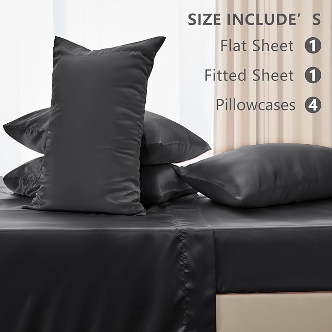 CozyLux Satin Sheets Full Size Sheets - 6 Piece Silky Full Size Bed Sheets, Luxury Dark Grey Full Bed Set with Smooth and Soft Microfiber, Includes 1 Fitted Sheet, 1 Flat Sheet and 4 Pillowcases