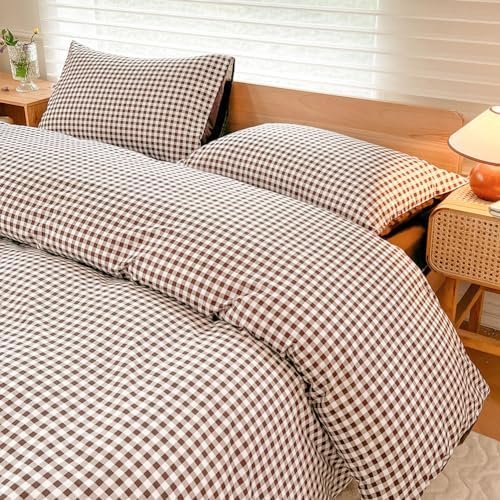 NSNLGSGC Mocha Gingham Duvet Cover Set, Queen