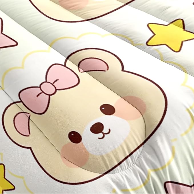 3Pcs Girls Kids Cartoon Yellow Bears Comforter Set, Star Strawberry Pattern Bedding Set King Size for All Seasons, 1 Comforter (104" x 90"), 2 Pillowcases