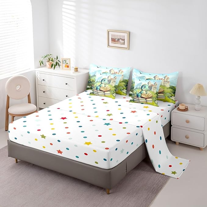 Kawaii Dinosaur Comforter Set Full Size,Castle Mountain Scenery Bedding Set for Kids Teens,Cartoon Wild Animal (Comforter+Fitted+Flat Sheet+2 Pillowcases+2 Throw Pillow Covers) 7 Pieces