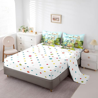 Kawaii Dinosaur Comforter Set Full Size,Castle Mountain Scenery Bedding Set for Kids Teens,Cartoon Wild Animal (Comforter+Fitted+Flat Sheet+2 Pillowcases+2 Throw Pillow Covers) 7 Pieces