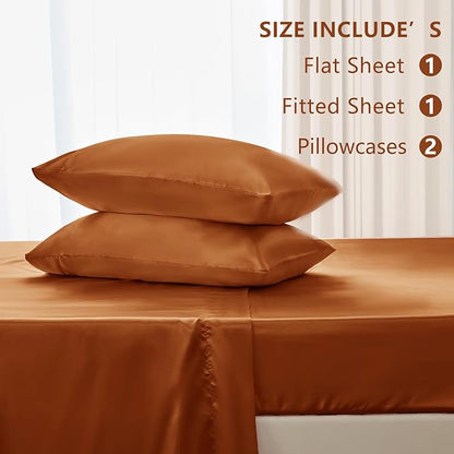 CozyLux Satin Sheets Full Size Sheets - 4 Piece Silky Full Size Bed Sheets, Luxury Terracotta Full Bed Set with Smooth and Soft Microfiber, Includes 1 Fitted Sheet, 1 Flat Sheet and 2 Pillowcases