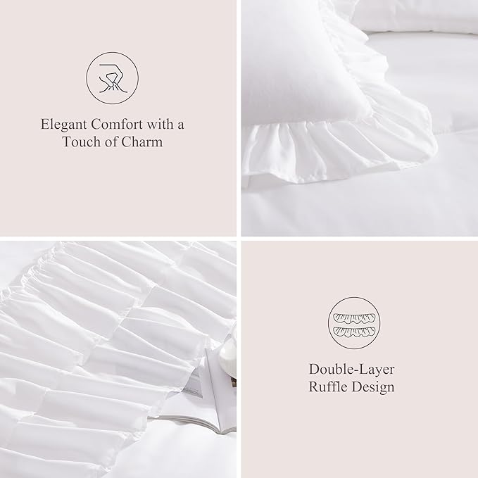 Full Comforter Set White, Ruffle Shabby Chic Bedding Set Farmhouse 7 Pieces, All Season Fluffy Bed in a Bag with Sheets, Pillowcases & Shams