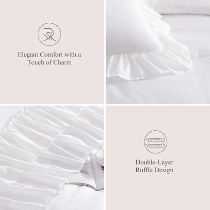 Full Comforter Set White, Ruffle Shabby Chic Bedding Set Farmhouse 7 Pieces, All Season Fluffy Bed in a Bag with Sheets, Pillowcases & Shams