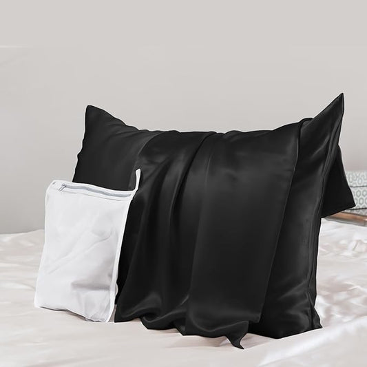 PROMEED Upgraded Grade 6A+ Black Silk Pillowcase with Zipper, 23 Momme Natural Mulberry Silk Pillow Cases for Hair and Skin - Easy Care with Free Laundry Bag (King 20"x36", Black)