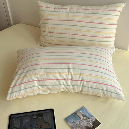 EAVD Colorful Striped Duvet Cover King Soft 100% Cotton Vintage Pink Green Yellow Stripes Printed Bedding Set with 2 Pillowcases Retro Reversible Geometric Comforter Cover with Zipper Corner Ties