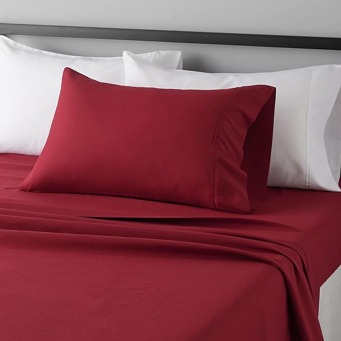 Amazon Basics Lightweight Super Soft Easy Care Wrinkle Free Breathable Brushed Microfiber 3 Piece Bed Sheet Set with 14-Inch Deep Pockets, Twin, Burgundy, Solid
