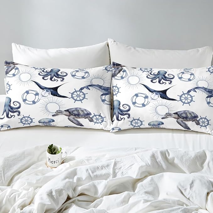 Sea Turtle Bed Sheet Queen Set,Octopus Jellyfish Ocean Life Sheets Sets Boys Girls Bedroom Decor,Nautical Style Sea Animals Bedding Set with Flat,Fitted Sheet,2 Pillow Cases