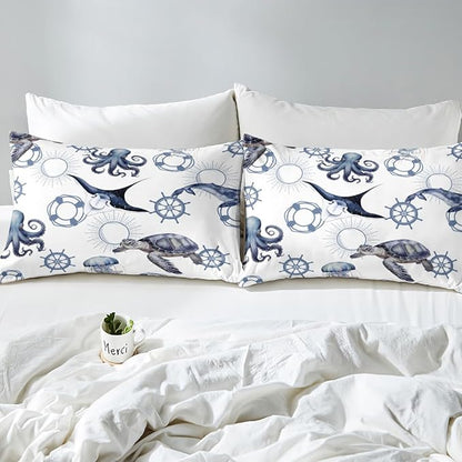 Sea Turtle Full Size Duvet Cover,Octopus Jellyfish Ocean Life Bedding Set for Kids Teens,Nautical Style Sea Animals Comforter Cover Soft Quilt Cover,No Comforter