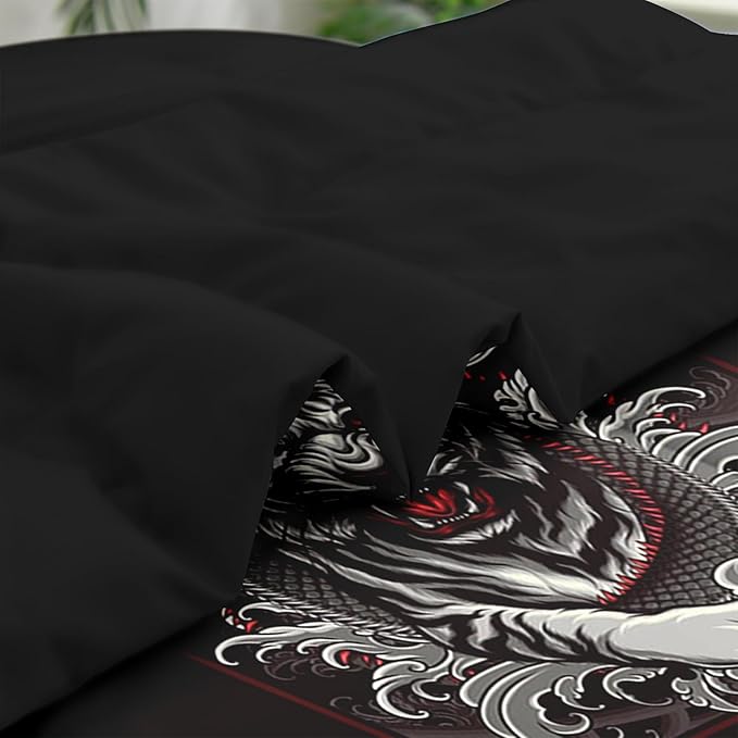 Comforter Set Twin Size, Tiger Dragon 5 Pcs Bedding for Kids and Adults, Black and Red Bed Sheet Sets with Fitted Sheet Pillowcase & Sham for Bedroom Bed Decor
