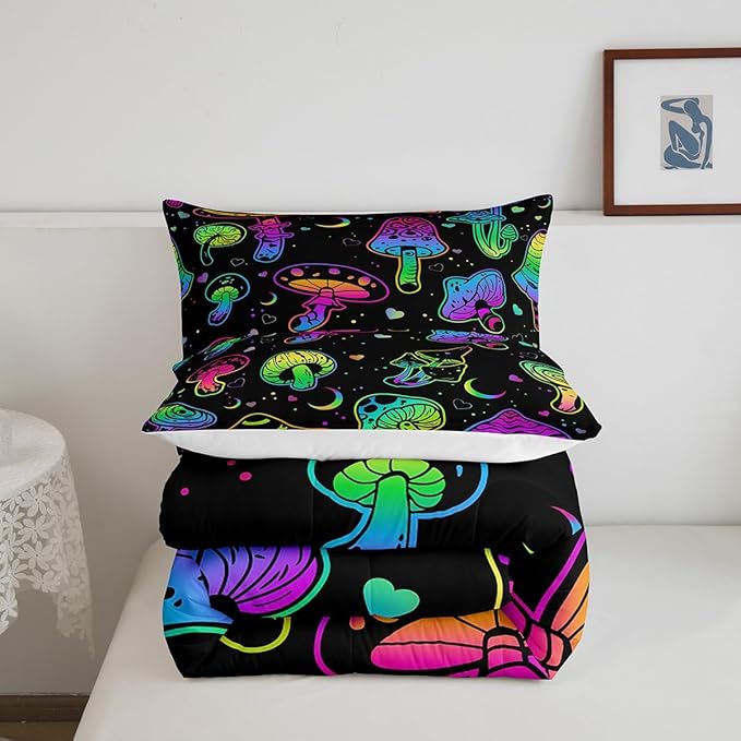 Erosebridal Mushroom Comforter Set Twin Kawaii Trippy Bedding Psychedelic Botanical Plants Down for Kids Girls Boys Teens Rainbow Fungus Duvet Cute Quilt (CMHS3028XXY-BZ_USt)