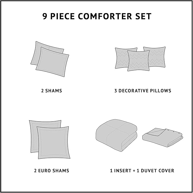 Madison Park Signature Cozy Comforter Set - All Season Bedding Combo Filled Insert and Removable Duvet Cover, Shams, Decorative Pillows, Queen (92 in x 96 in), Elegance Grey 9 Piece