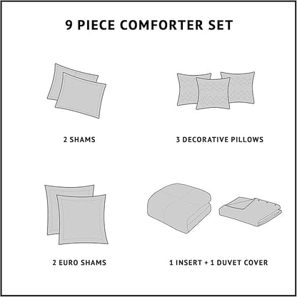 Madison Park Signature Cozy Comforter Set - All Season Bedding Combo Filled Insert and Removable Duvet Cover, Shams, Decorative Pillows, Queen (92 in x 96 in), Elegance Grey 9 Piece