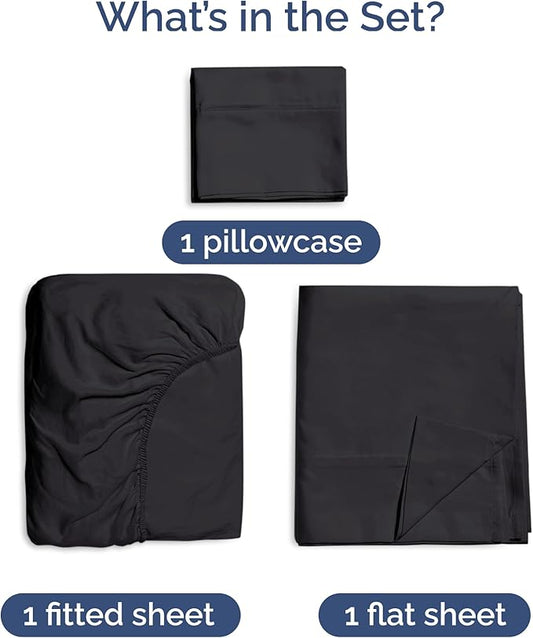 100% Rayon Derived From Bamboo - Sheets Twin Size - Cooling Sheets for Twin - Ultra Soft, Breathable & Hotel Luxury Bedding - 1 Flat & 1 Fitted & 1 Pillowcase w/ 16 Inch Deep Pockets - Black