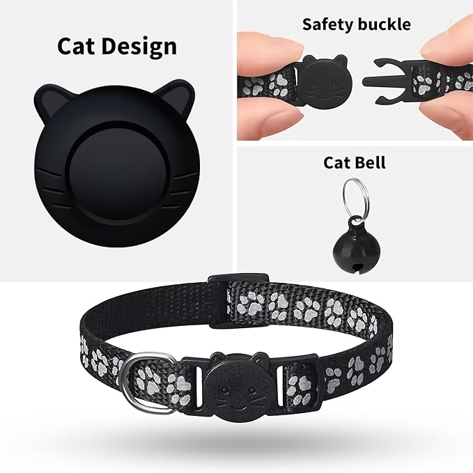 GPS Tracker for Cat Tracker Collar Waterproof Airtag Compatible with Apple Find My (iOS ONLY) No Monthly Fee Breakaway Design Reflective Pattern Bell Black Durable Cat Tracking (Tracker with Collar)