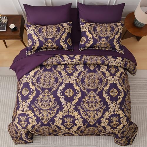 WONGS BEDDING Purple Comforter Set Queen Size,Damask Texture 7 Pieces Bed in a Bag Microfiber Comforter Bedding Sets -1 Comforter, 1 Flat Sheet, 1 Fitted Sheet, 2 Pillow Shams, 2 Pillowcases