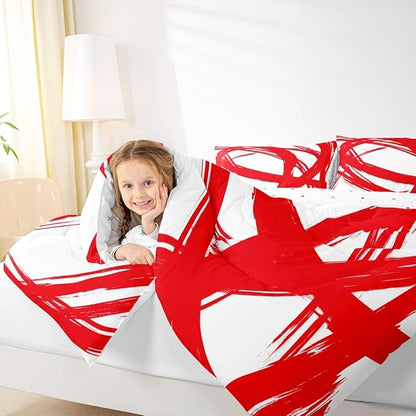 Erosebridal Red and White Abstarct Queen Comforter Set for Adult Women Men, Geometric Striped Bedding Set for Minimalists,Graffiti Aesthetic Lines Quilt,Contemporary Boho Modern Art Duvet Insert