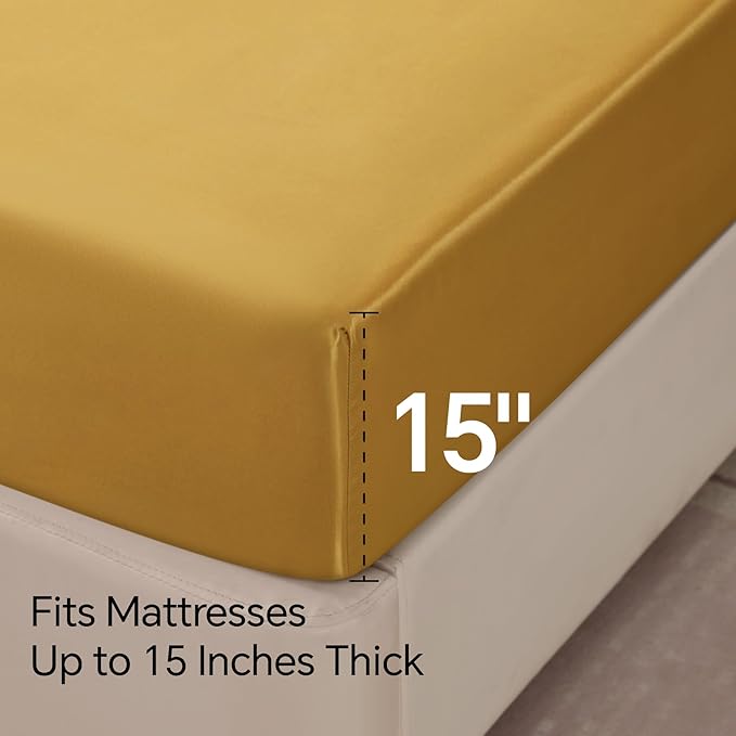 BEDELITE California King Sheets Set, Luxury Soft Gold Satin Sheets for Hair and Skin, Similar to Silk Bed Sheets Set 4 Pieces with 1 Deep Pocket Fitted Sheet, 1 Flat Sheet, and 2 Pillowcases