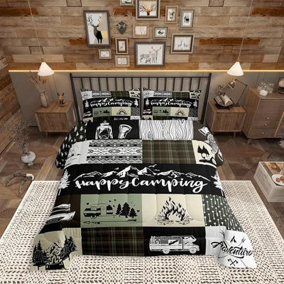 Castle Fairy Camping Camper Full Size Comforter Set,RV Inside Decor Rustic Patchwork Bedding Comforters Bedroom Collection,Farmhouse Lodge Hunting Green Check Bedding Set for Girls Teens
