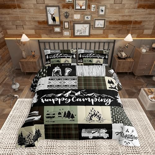 Castle Fairy Camper Adventure Comforter Set King Size,Happy Camping Plaid Travel Trailers Decor Bedding Set All Season Quilt Set,Retro Tribal Aztec Exotic Microfiber Polyester Down Comforter