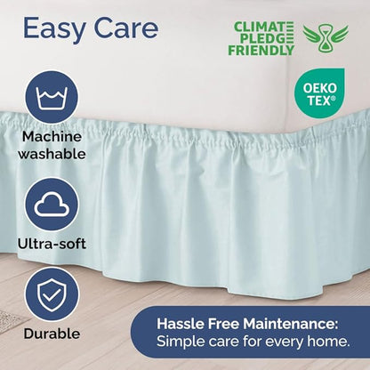 Wrap Around Dust Ruffle Bed Skirt - Ice Blue - for Queen Size Beds w/ 15 Inch Drop - Easy Fit Elastic Strap - Adjustable Pleated Bedskirt w/Brushed Fabric - Wrinkle Free - Women, Men, Kids & Teens