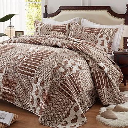 LEAONME Quilt Set King Size 3 Piece Bedspread Coverlet Lightweight Comforter Microfiber Reversible Bedding Set for All Season Oversized 98x106 Inch Bed Cover Paisley Brown (1 Quilt, 2 Pillow Shams)