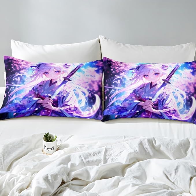 Erosebridal Anime Girl Twin Comforter Set for Kids, Kawaii Japanese Anime Bedding Set Cartoon Girl Duvet Insert Sci Fi Style Japanese Animation Quilt for Kids Girls Teens Adult Bedroom