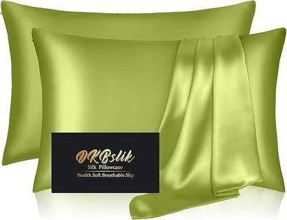 Silk Pillowcase 2 Pack, Natural Mulberry Silk Pillow Cases, Anti Acne Silk Pillowcase for Hair and Skin, King Size Silk Satin Pillowcase Set of 2 with Zipper, Gifts for Sleeping Women, Olive Green
