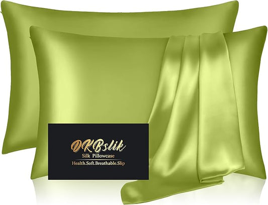 Silk Pillowcase 2 Pack, Natural Mulberry Silk Pillow Cases, Anti Acne Silk Pillowcase for Hair and Skin, King Size Silk Satin Pillowcase Set of 2 with Zipper, Gifts for Sleeping Women, Olive Green