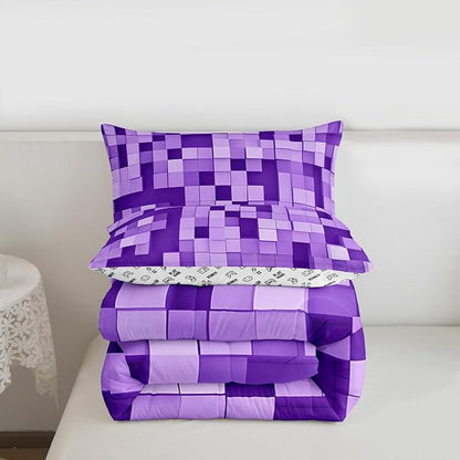 Pixel Grid Miners Kids Bedding Set King Size,Video Games Plaid Lattice Comforter Set,Geometric Check Quilt Comforter,Light Purple Bedroom Duvet Insert,2 Pillowcases