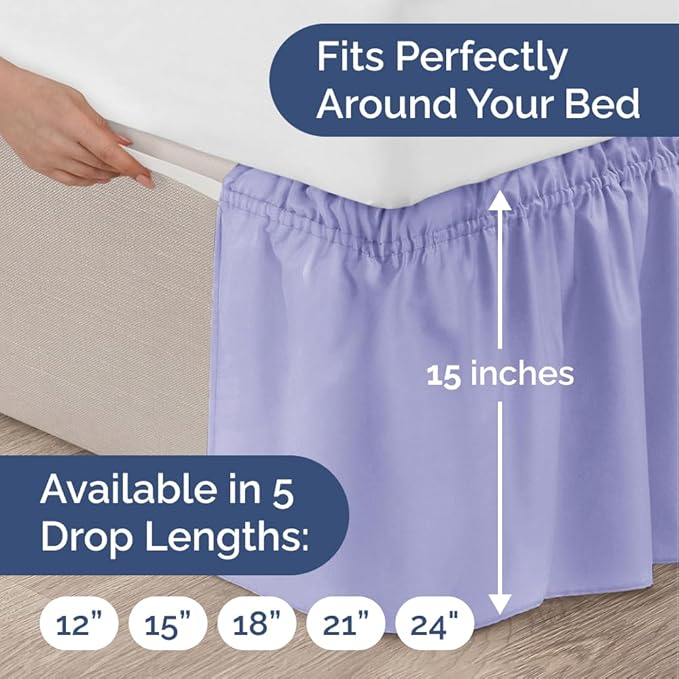 Wrap Around Dust Ruffle Bed Skirt - Lavender - Twin/Twin XL Size Beds with 15 Inch Drop - Easy Fit Elastic Strap- Adjustable Pleated Bedskirt w/Brushed Fabric Wrinkle Free - Women, Men, Kids & Teens