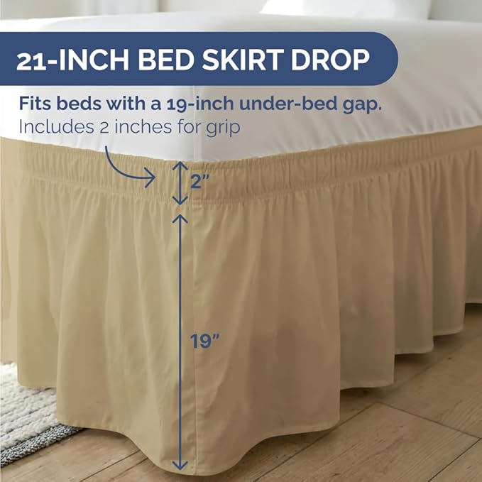 Wrap Around Dust Ruffle Bed Skirt - Beige - Twin/Twin XL Size Beds with 21 Inch Drop - Easy Fit Elastic Strap - Adjustable Pleated Bedskirt w/Brushed Fabric - Wrinkle Free - Women, Men, Kids & Teens