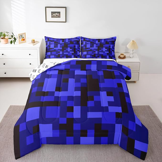 Pixelated Blocks Kid Comforter Set Queen Size,Army Camouflage Miners Game Bedding Set,Boy Room Decor,Geometric Grid Patchwork Quilt Comforter,Black Dark Blue Duvet Set Bedroom Quilt Set,2 Pillowcases