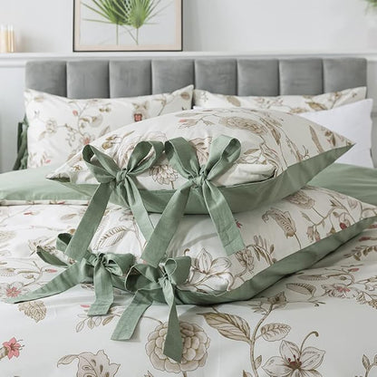 FADFAY Floral Bedding Set Twin 100% Cotton Shabby and Chic Beige Green Reversible Duvet Cover Vintage Pink Flower Print Bed Covers Girls Kids Pretty Bowknot Soft Crisp Zipper Comforter Cover 3Pcs