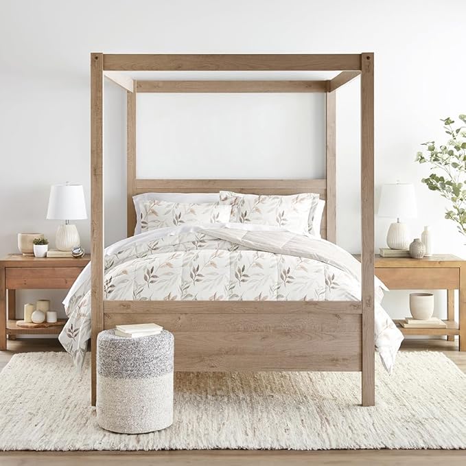 LINENS & HUTCH Comforter Set Patterned Microfiber All Season Down-Alternative Ultra Soft Bedding in Foliage Stripe - King/Cal-King Foliage Stripe Ivory