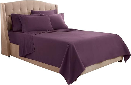 Clara Clark Flex Top King Sheets, 6 Piece Set - Hotel Luxury Sheets for Top Split King Bed, Super Soft Bedding Set, Head Split King Eggplant Purple