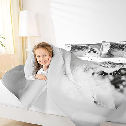 Erosebridal Cat Comforter Set Queen Size Cute Kitten Quilt Insert for Kids Men Women Kawaii Beard Animal White Grey Comforter Warm Soft Bedding Set