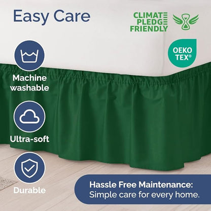 Wrap Around Dust Ruffle Bed Skirt - Emerald - for Queen Size Beds w/ 15 Inch Drop - Easy Fit Elastic Strap - Adjustable Pleated Bedskirt w/Brushed Fabric - Wrinkle Free - for Women, Men, Kids & Teens