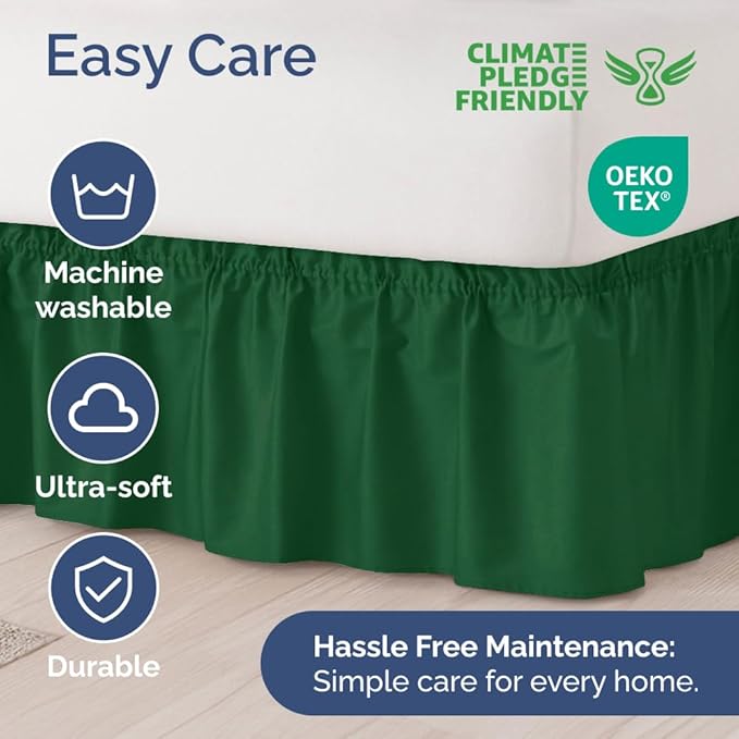 Wrap Around Dust Ruffle Bed Skirt - Emerald - for Full Size Beds w/ 12 Inch Drop - Easy Fit Elastic Strap - Adjustable Pleated Bedskirt w/Brushed Fabric - Wrinkle Free - for Women, Men, Kids & Teens